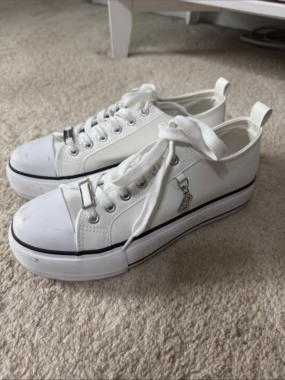 bebe White Platform Lace-Up Sneakers with Charm Accent